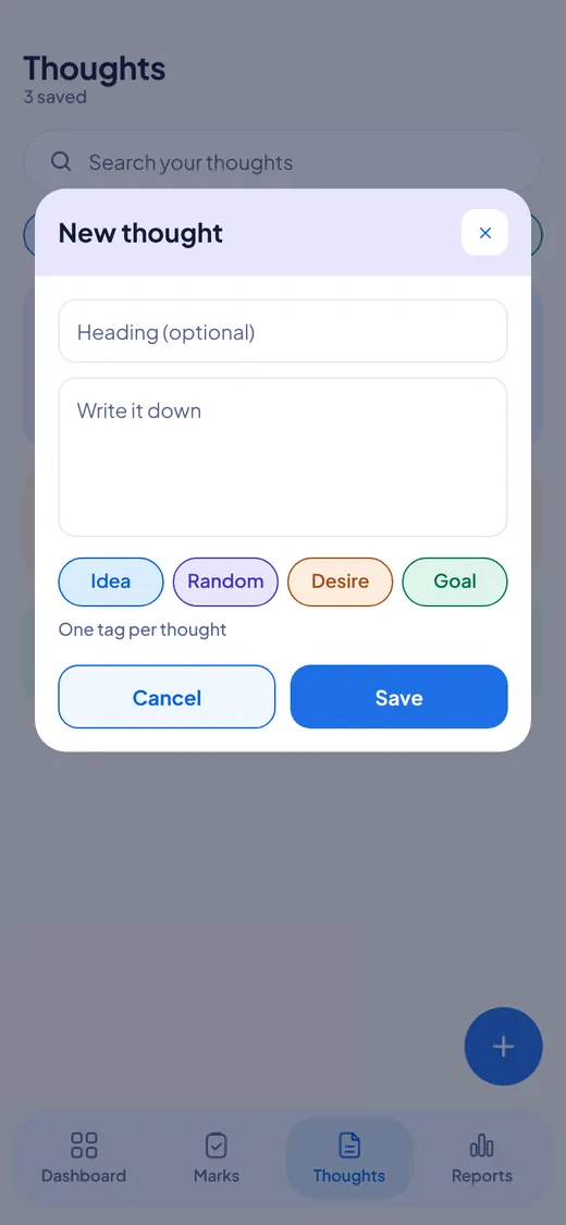 OnceWrote opens on the New thought popup, ready to write.
