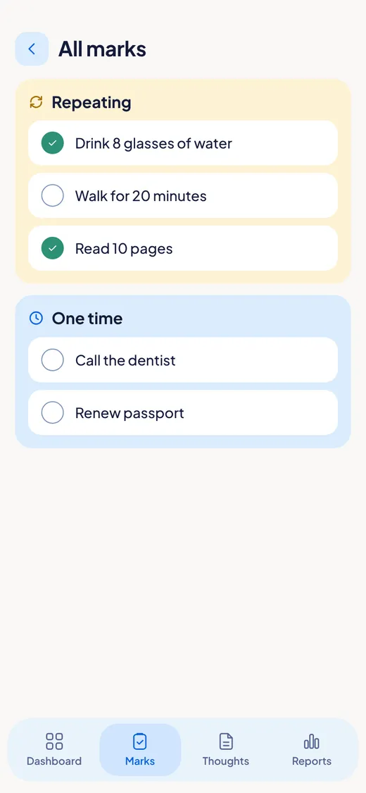 The All marks screen. A Repeating group lists three marks and a One time group lists two.
