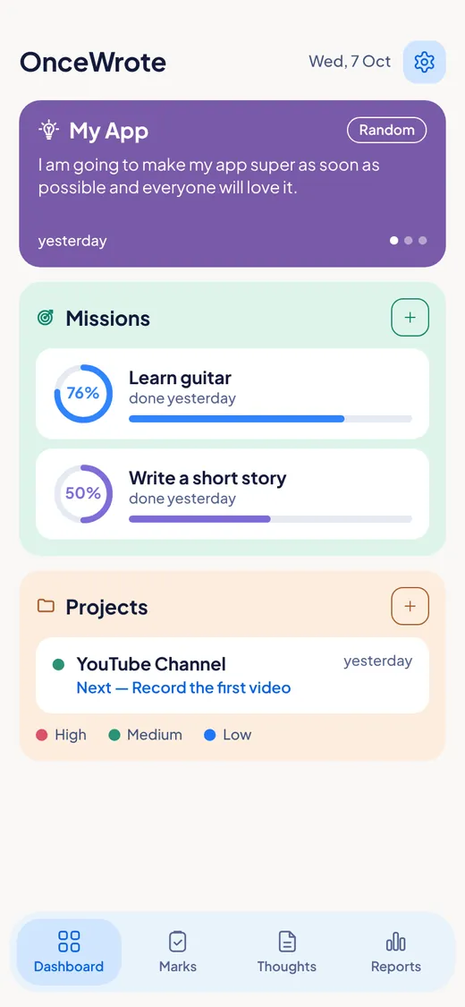 The Projects block on the Dashboard with a plus button and a project called YouTube Channel.