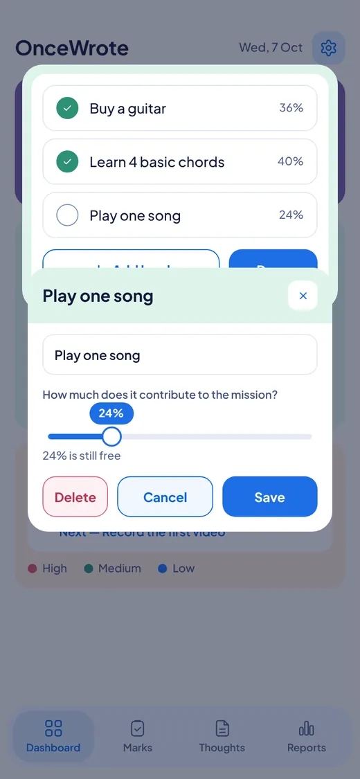 A level called Play one song with a slider set to 24 percent, and a note that 24 percent is still free.