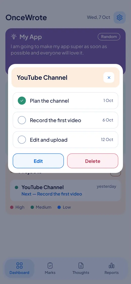The YouTube Channel project open with three actions, each with a tick box.